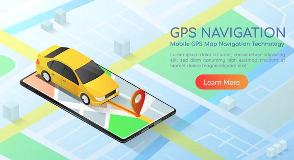 Auto Banner Web Isometrico Con Applicazione Navigazione Mappa Gps Smartphone — Vettoriale Stock