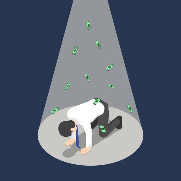 Plochá Izometrické Depresi Podnikatel Klečí Pod Reflektorem Peníze Bankovek Bankrot — Stockový vektor