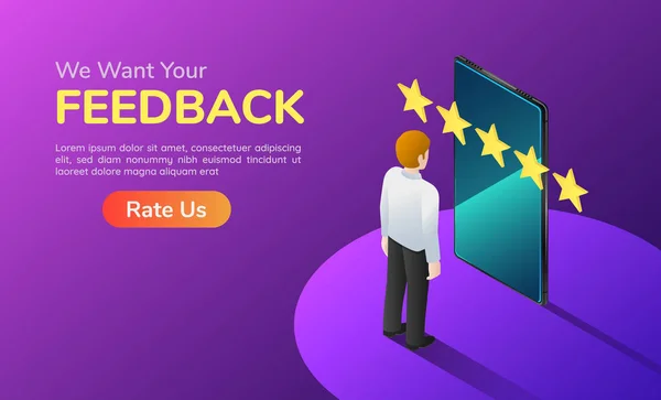 Isométrico Web Banner Empresário Com Telefone Cinco Estrelas Feedback Satisfação —  Vetores de Stock