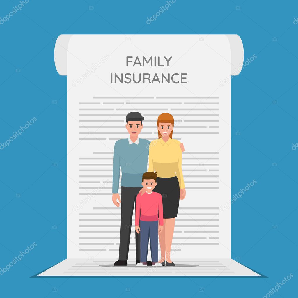 Family Members are standing on the insurance policy document. Health and family insurance concept.