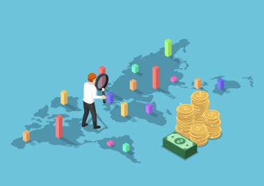 Her grafik analiz etmek için Büyüteç izometrik iş işadamı kullanmak