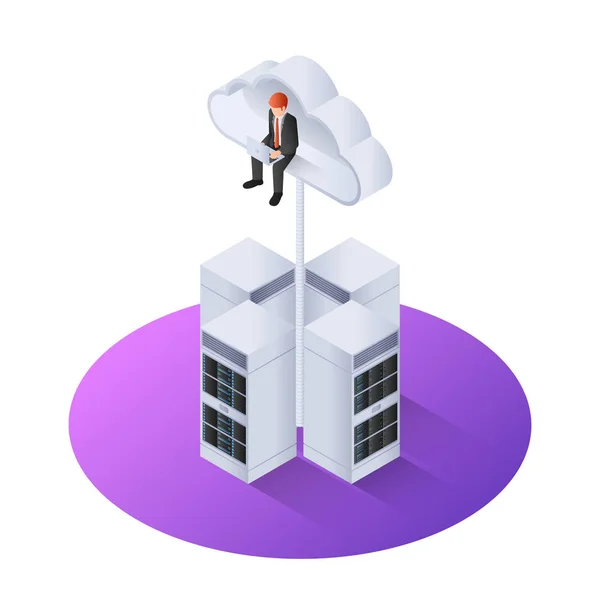 3d isometric businessman with laptop sitting on cloud — Stock Vector