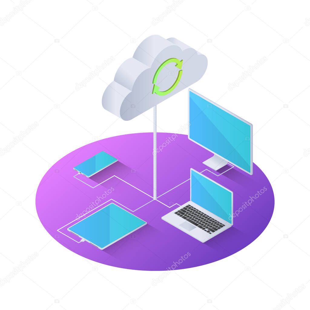 3d isometric electronics device connected to cloud computing