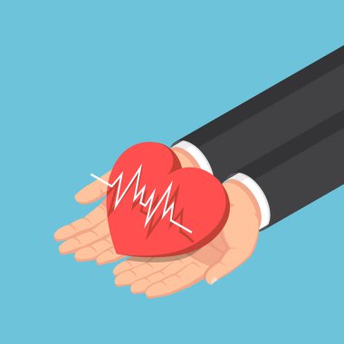 Elektrokardiyog ile kırmızı kalp tutan İzometrik işadamı el