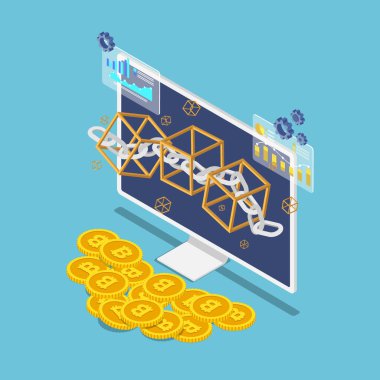 Monitör ve bitcoin üzerinde izometrik blockchain sembolü