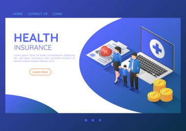 Sağlık stetoskop ile ayakta İzometrik web afiş aile 