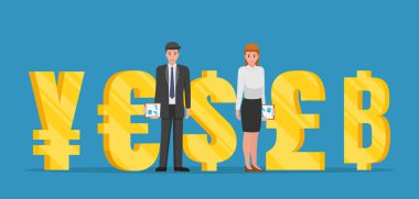Businessman and businesswoman standing with golden currency symb clipart