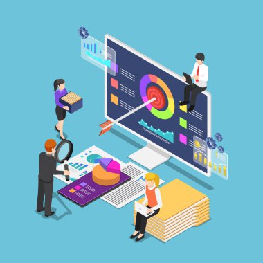 İş istatistiklerini analiz eden İzometrik iş adamları