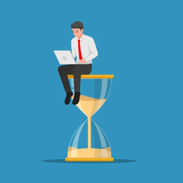 Empresario trabajando con portátil sentado en un reloj de arena grande — Vector de stock