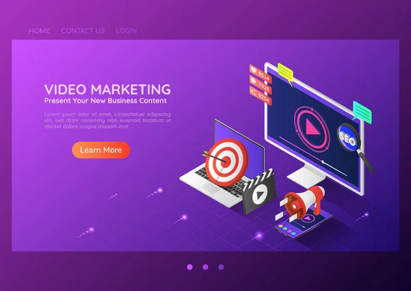 Isometrisches Webbanner Online Video Content Marketing Werbung — Stockvektor