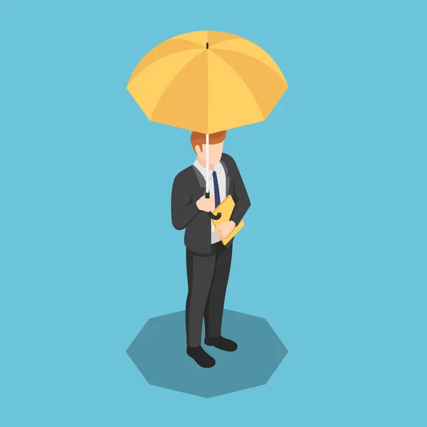 Isometric businessman with umbrella and document file in his han — Stock Vector