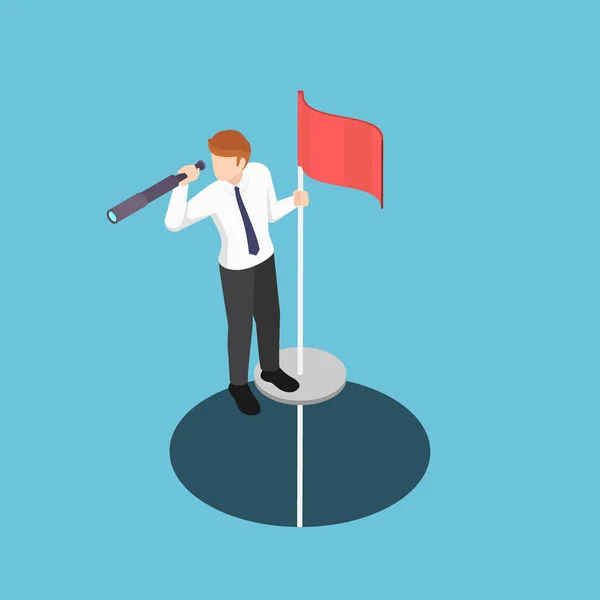 Isometric businessman standing on pole with telescope come up fr — Stock Vector