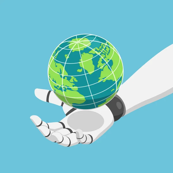 Isometric robot hand holding the world or planet earth — Stock Vector