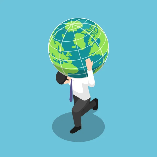 Isometric businessman carrying the world or earth globe on his s — Stock Vector