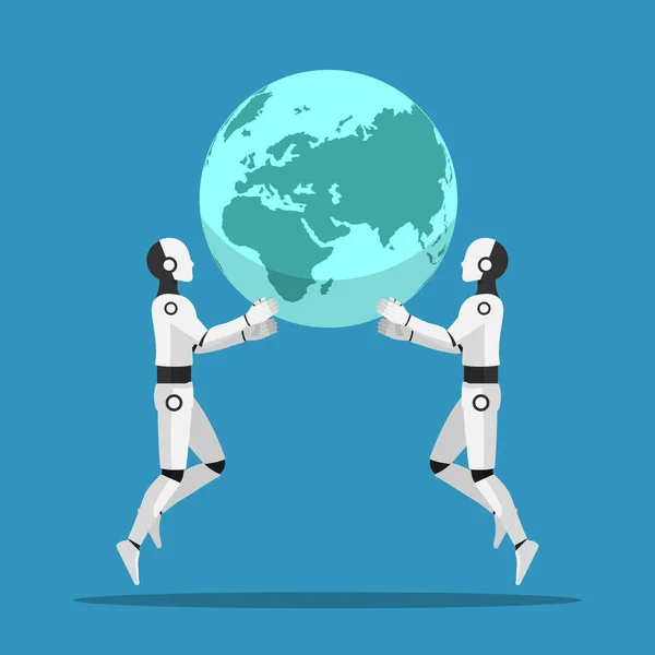 Två AI robot hjälp tillsammans för att höja världen — Stock vektor