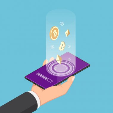 Kriptoparaile akıllı telefon tutan isometrik işadamı el