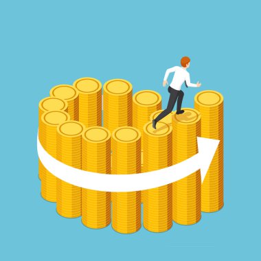 Altın c girdap merdiven üzerinde çalışan isometrik işadamı