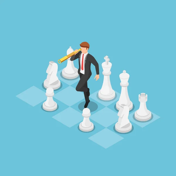 Byt Izometrický Podnikatel Pomocí Dalekohledu Stojící Šachovnici Obchodní Strategie Koncepce — Stockový vektor