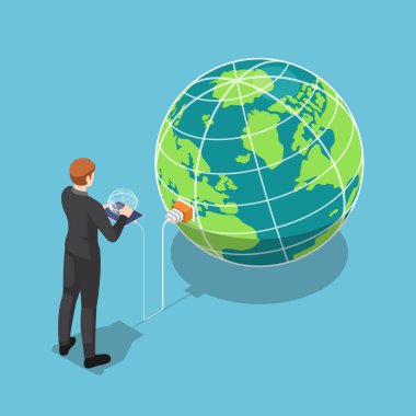 Dünyayla bağlantılı tabletli 3D izometrik bir iş. Genel ağ bağlantı teknolojisi kavramı.