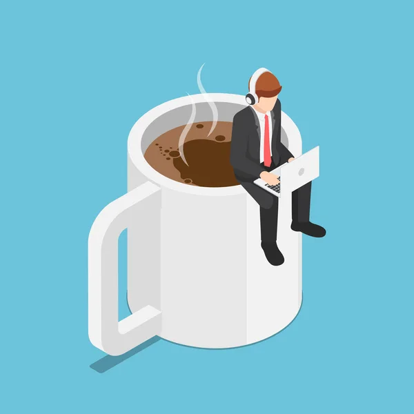 Negocio Isométrico Plano Sentado Taza Café Trabajando Ordenador Portátil Pausa — Vector de stock