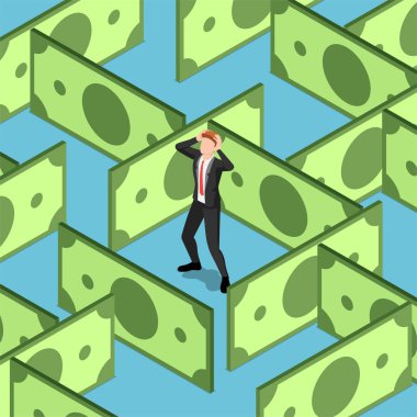 Düz 3D izometrik iş adamı dolar banknotları labirentinde sıkışıp kaldı. Mali kriz kavramı.