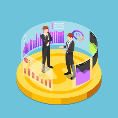 Düz 3D izometrik iş adamları dolar parası üzerinde duruyor ve iş grafiği grafiğini analiz ediyor. İş analizi ve finansal konsept.