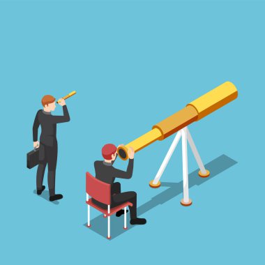 Düz 3D izometrik iş adamı rakibinden daha büyük bir teleskop kullanır. İş vizyonu ve rekabet kavramı.