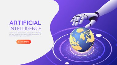 Dünyayı 3D izometrik Ai robot el kontrol ediyor. Yapay zeka teknolojisi dünya konseptini değiştirir..