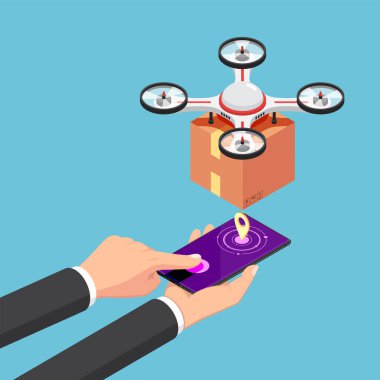 Düz 3D izometrik iş adamı akıllı telefonu kullanarak teslimat aracını arar ve kontrol eder. İnsansız hava aracı teslimatı ve sevkiyat yenilik kavramı.
