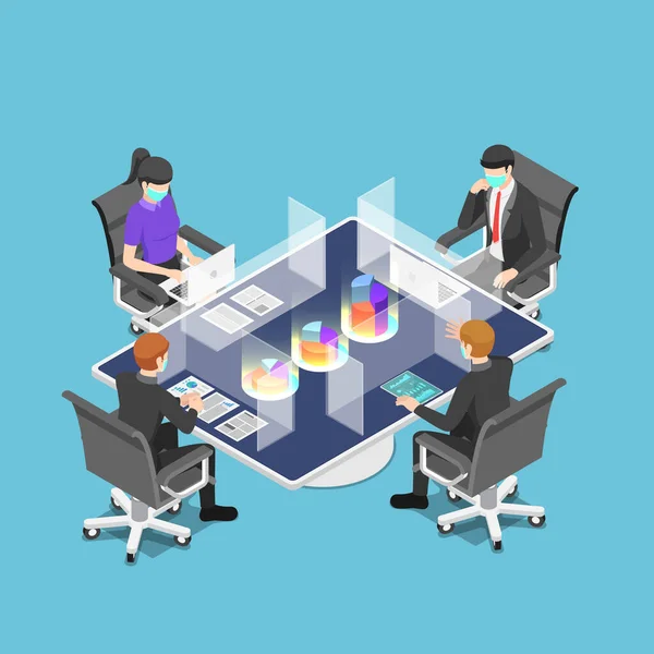 Flat Isometric Business Team Meeting Clear Glass Partition Wearing Mask — Stock Vector