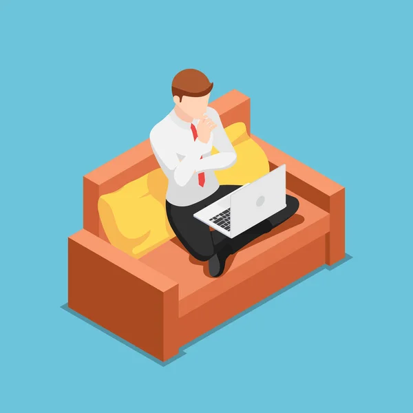 Flat Isometric Businessman Thinking While Working Laptop Home Work Home — Stock Vector