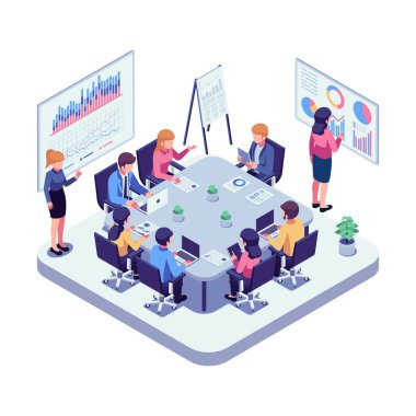 Veri Analizi ve Takım İşbirliği ile Isometric İş Toplantısı. İş Toplantısı ve Takım Geliştirme Konsepti