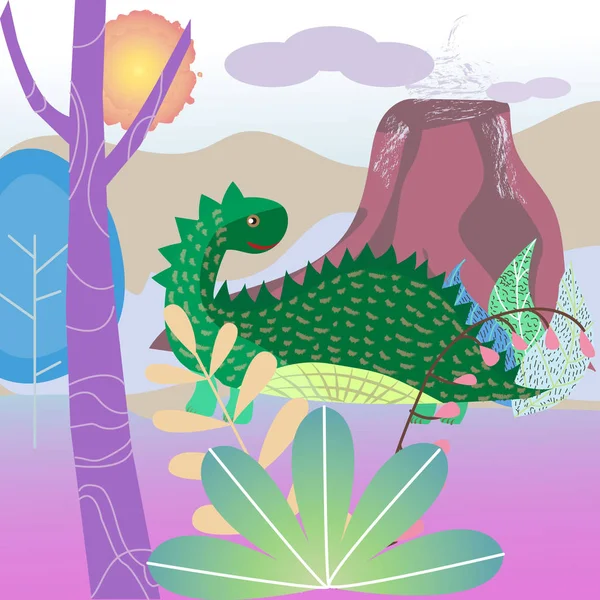 Paysage Fantastique Avec Animaux Préhistoriques Fantastiques Dinosaures Éteints Illustration Vectorielle — Image vectorielle