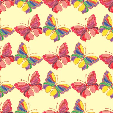 Açık renkli, vektör çizim üzerinde renkli işlemeli kelebek sorunsuz arka plan