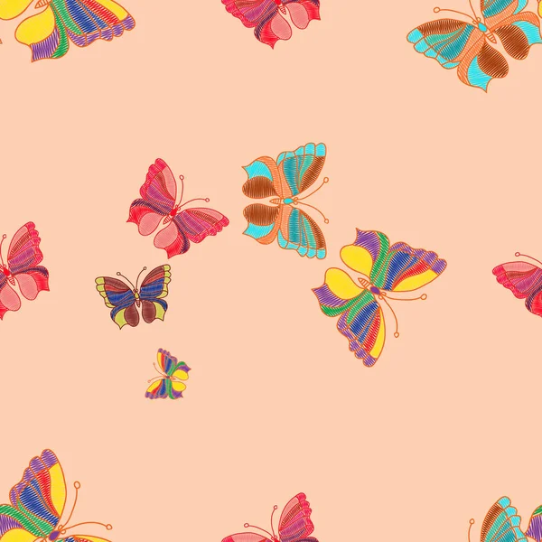 Fondo Sin Costuras Coloridas Mariposas Bordadas Sobre Fondo Claro Ilustración — Archivo Imágenes Vectoriales