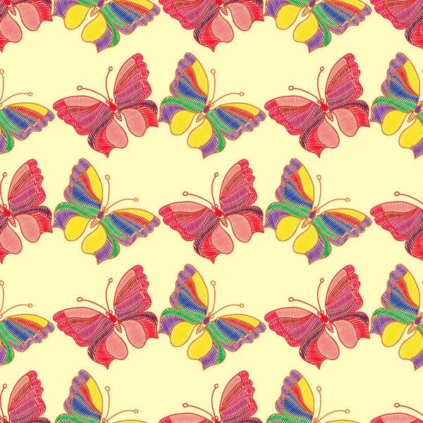 Nahtloser Hintergrund Von Bunt Bestickten Schmetterlingen Auf Hellem Hintergrund Vektorillustration — Stockvektor