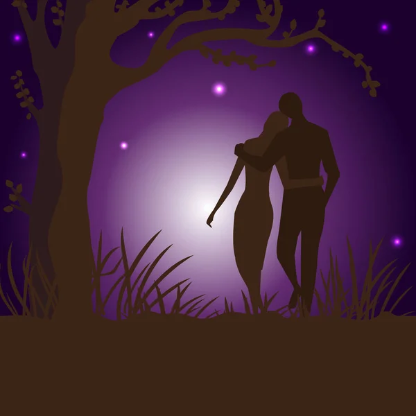 Silhouette Couple Amoureux Dans Paysage Nocturne Illustration Vectorielle — Image vectorielle