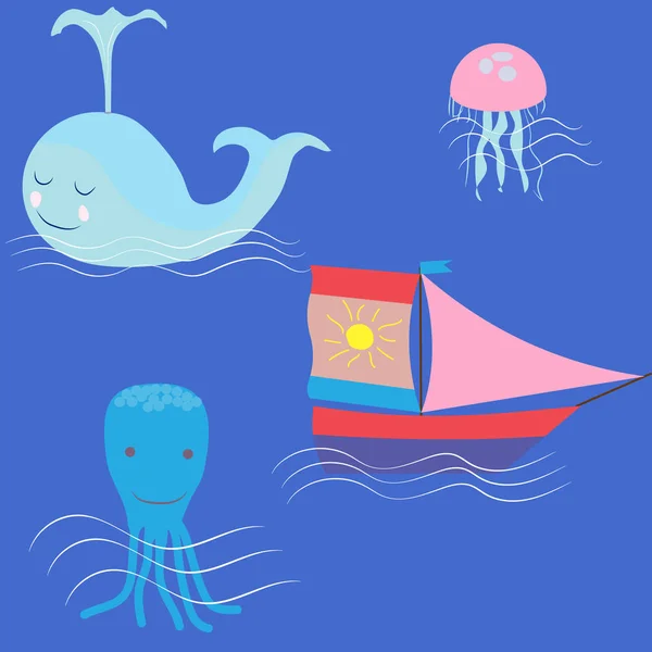 Doodle Conjunto Objetos Marinos Ballena Pulpo Velero Medusas Para Carteles — Vector de stock