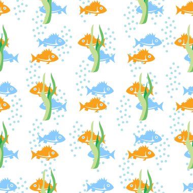 Elle çizilmiş vektör seamless modeli deniz hayvanları ile. Kontur, çizgi resim stili çizim. Kağıt, duvar kağıdı ve Tekstil süsleme ambalaj arka plan olarak kullanılabilir.