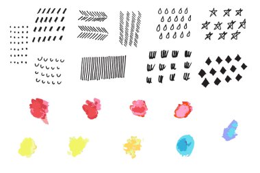 El öğeleri kümesi çekilmiş. İş enayi. Elle çizilmiş kroki. İşaret ve mürekkep lekeleri ve izole üzerinde beyaz arka plan boya. Vektör çizim.