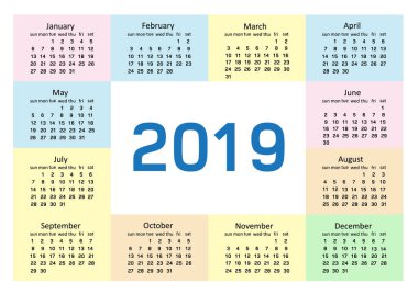 2019 şirin takvimi, orijinal arka planlar, pastel renkler vektör çizim karikatür tarzı