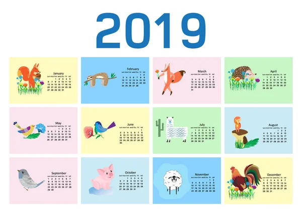 Niedlicher Kalender Für 2019 Mit Niedlichen Tieren Vektorillustration Cartoon Stil — Stockvektor