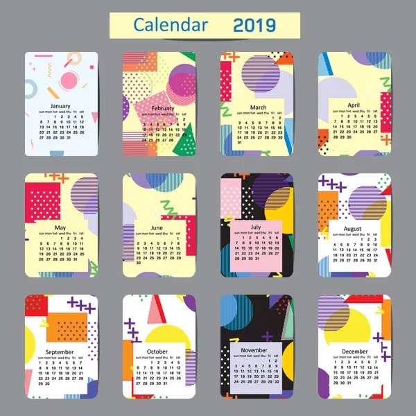 Cute Calendar 2019 Original Backgrounds Pastel Colors Vector Illustration Cartoon — Stock Vector