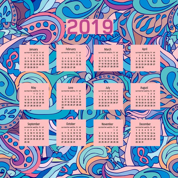 Calendrier Mignon Pour 2019 Milieux Originaux Illustrations Vectorielles Couleurs Pastel — Image vectorielle