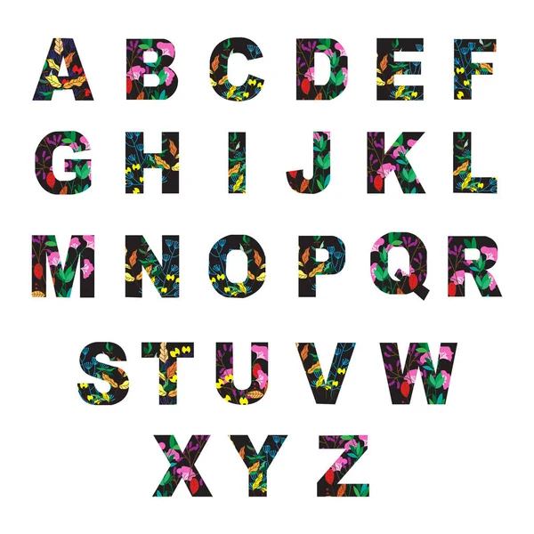 Vektör alfabesinde geçerli olan harfleri sonbahar yaprakları ve çiçekleri yapılmış. Vektör çizim 