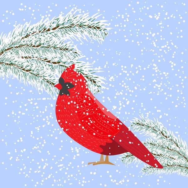 Winter Verschneiter Tag Vogelkardinal Blickt Auf Die Verschneite Tanne Vektor — Stockvektor