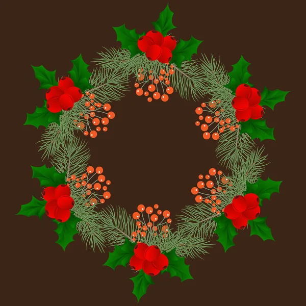 Christmas wreath with fir tree Wreath with berries and flowers, poinsettia and decorative elements. Design element for Christmas decoration. Vector illustration