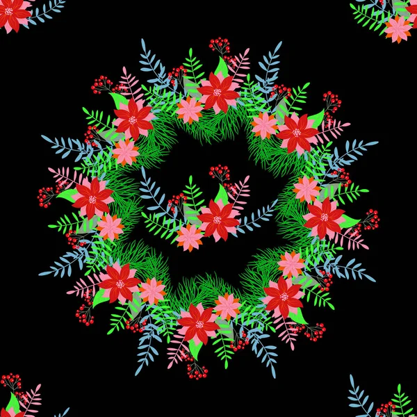 Couronne Noël Avec Sapin Couronne Avec Baies Fleurs Poinsettia Éléments — Image vectorielle