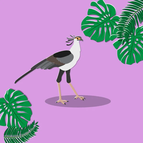 Bird Secretary Nature Papercraft Planta Hojas Palmeras Monstruos Ilustración Vectorial — Vector de stock