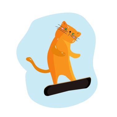 Wonderful ginger cat likes to snowboard, the cat, the athlete snowboarder winter poster. Vector illustration. clipart